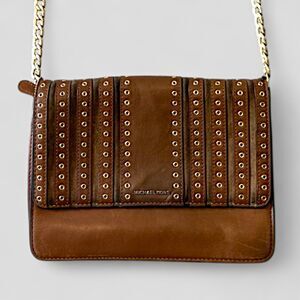 Michael Kors Brooklyn Crossbody Purse Grommet Brown Leather Saddle Caramel Bag